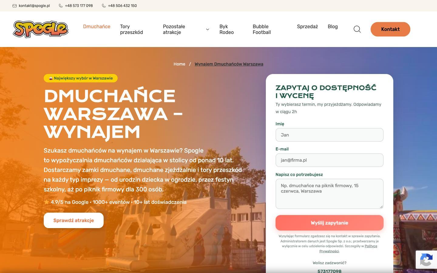 Nowa wersja strony Spogle: formularz zapytania obok nagłówka, ocena Google