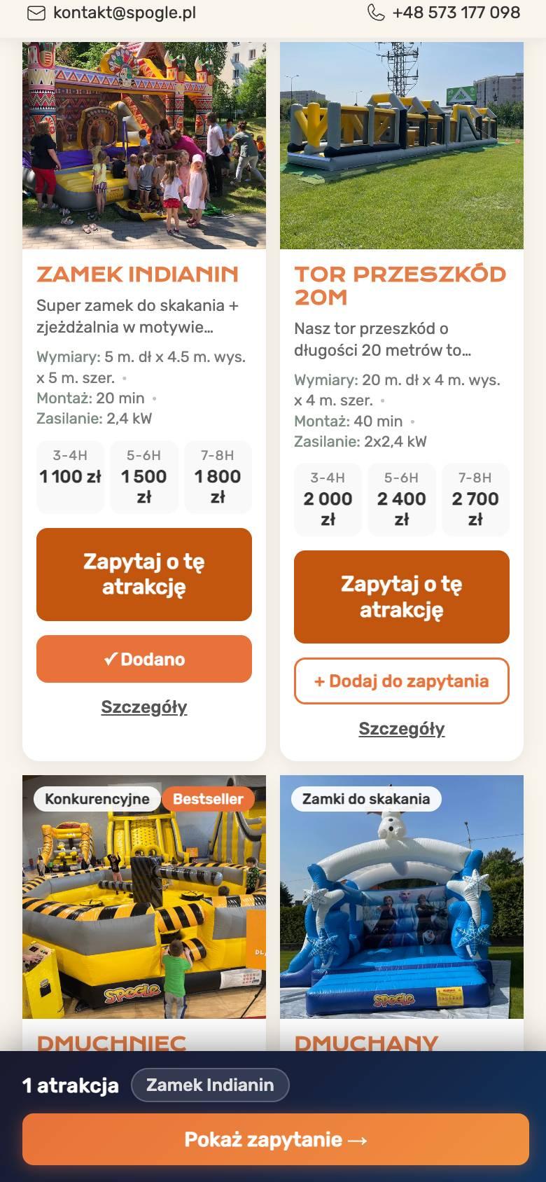 Karty atrakcji z cenami i przyciskami, pasek „1 atrakcja — pokaż zapytanie” na dole