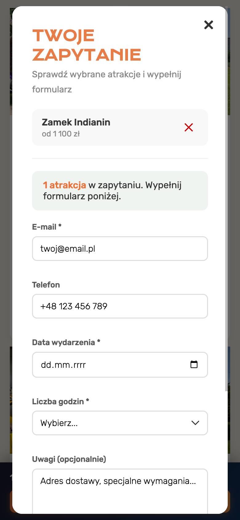 Okno „Twoje zapytanie” z wybraną atrakcją i formularzem: e-mail, telefon, data, liczba godzin