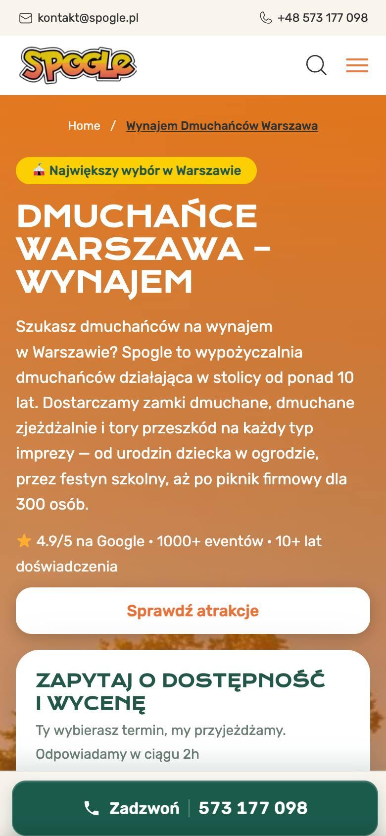 Nowa wersja na telefonie: ocena Google, przycisk, początek formularza i pasek Zadzwoń