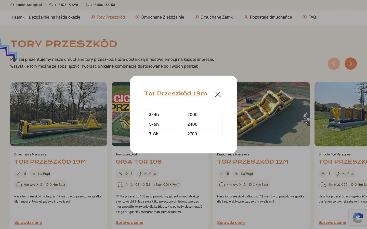 Okienko z cennikiem toru przeszkód: trzy progi godzinowe i ceny bez waluty, brak przycisku
