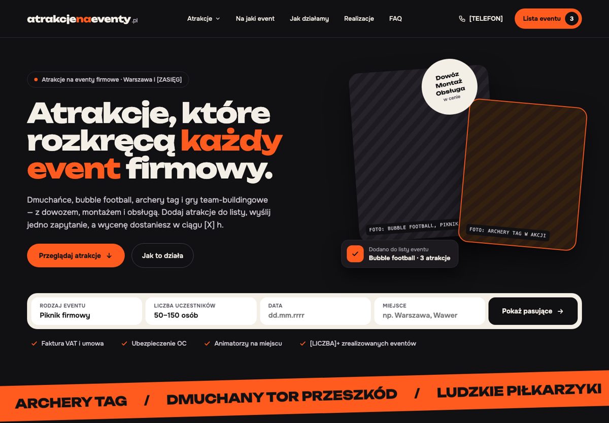 Wersja A: pierwszy ekran strony głównej atrakcjenaeventy.pl