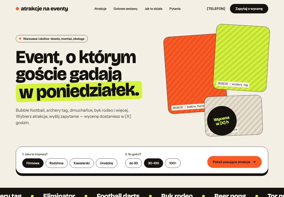 Wersja B: pierwszy ekran strony głównej atrakcjenaeventy.pl