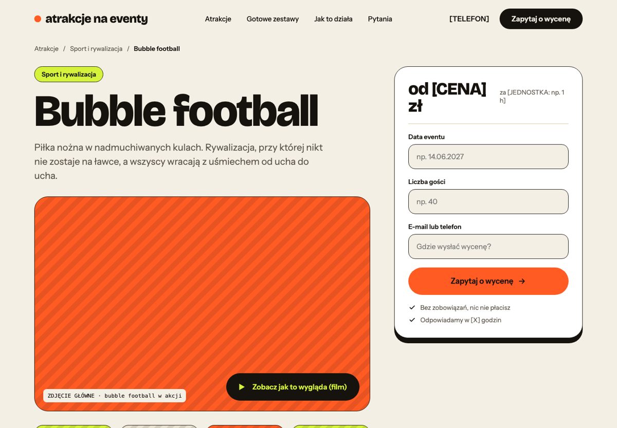 Wersja B: strona usługi Bubble football