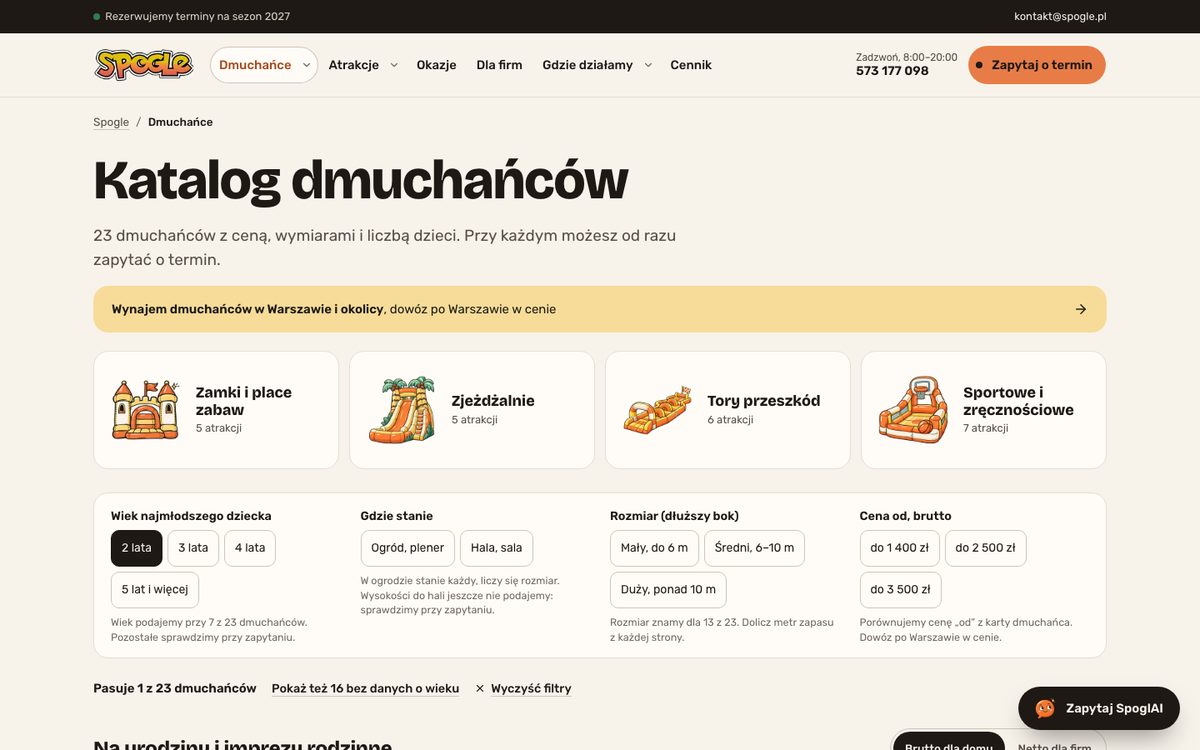 Wersja A: katalog dmuchańców Spogle z filtrem, wybrany wiek 2 lata