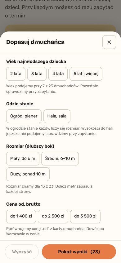 Wersja A: wysuwany panel filtrów na telefonie
