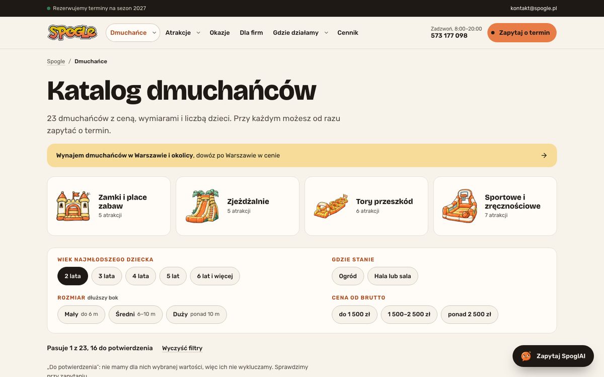 Wersja B: katalog dmuchańców Spogle z filtrem, wybrany wiek 2 lata