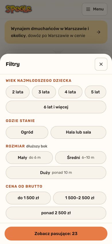 Wersja B: wysuwany panel filtrów na telefonie