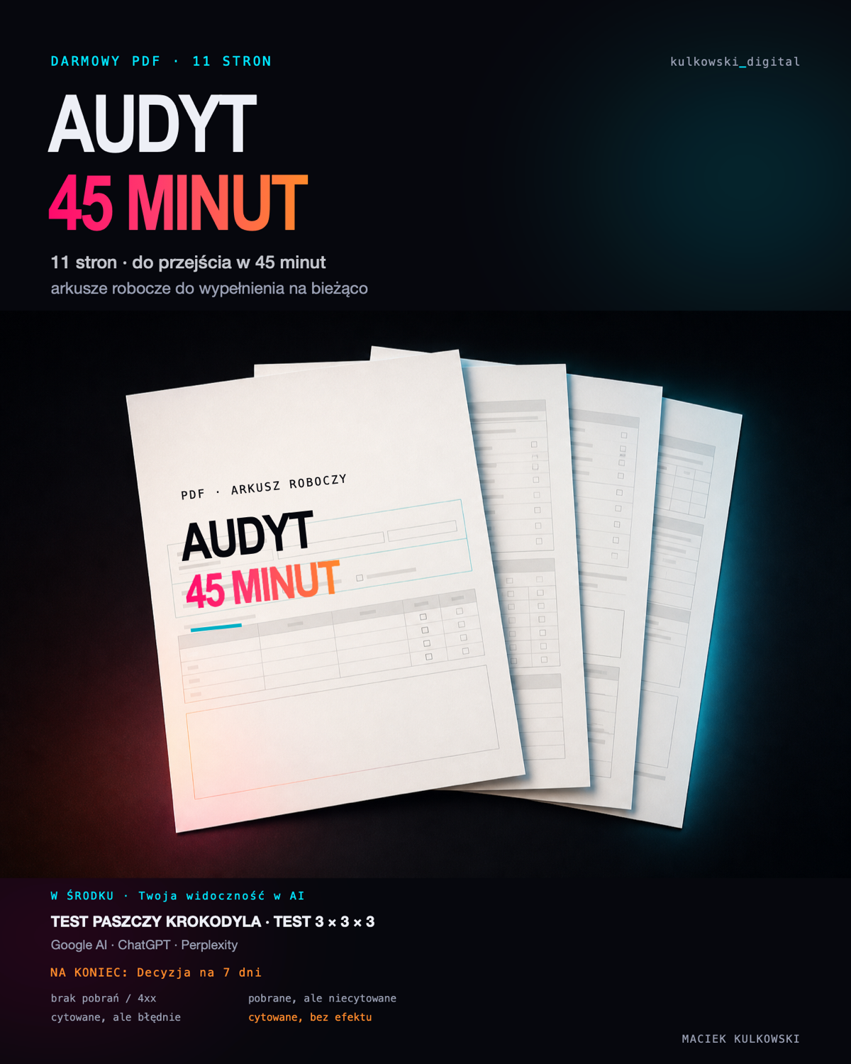 Audyt 45 minut — 11 stron PDF z arkuszami roboczymi